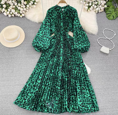 IKEARLAX  High-Grade Light Luxury Temperament Lantern Long Sleeve round Neck Waist Trimming Slimming Single-Breasted Printed Dress Elegant Long Dress