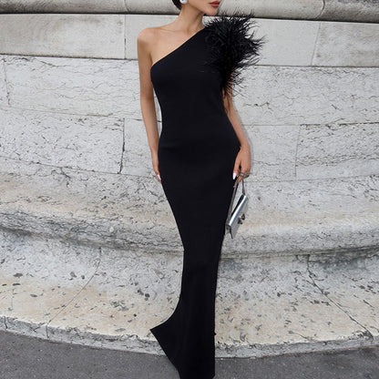 IKEARLAX  New Dress Elegant Noble Solid Color Shoulder Stitching Feather Slim Slimming Long Evening Dress for Women