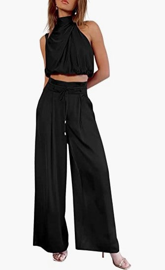 New Cross-Border E-Commerce Women's Casual Sleeveless Collar Two-Piece Suit Wide-Leg Pants for Summer Midriff-Baring Top