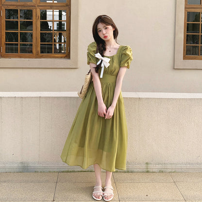 ikearlax Retro Tencel Dress Female  Summer New Elegant Slightly Mature Square Collar Puff Sleeve Slimming Long Dress