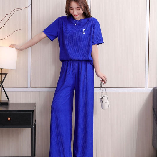 Southeast Asia Popular Chiffon Pleated Embroidery Suit Women's Summer Trousers Two-Piece Set Home Casual Fashion Set Suit