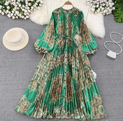 IKEARLAX  High-Grade Light Luxury Temperament Lantern Long Sleeve round Neck Waist Trimming Slimming Single-Breasted Printed Dress Elegant Long Dress