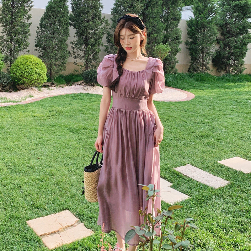 ikearlax Retro Tencel Dress Female  Summer New Elegant Slightly Mature Square Collar Puff Sleeve Slimming Long Dress