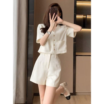 Classic Style G Sense Suit Women's Summer  New Small Creamy-white Top Wide Leg Shorts Two-Piece Set