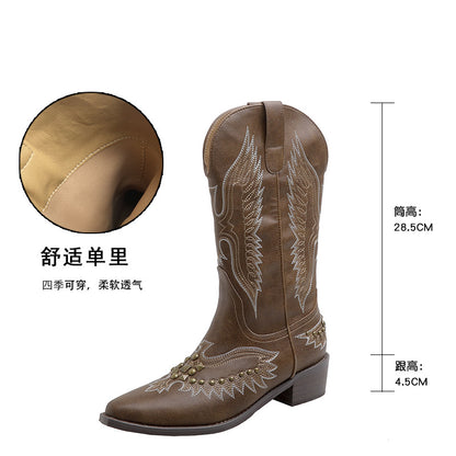 New Rivets Retro Western Cowboy Boot Versatile V Cut Embroidered Knight Boots Chunky Heel Pointed Toe Cowboy Boot