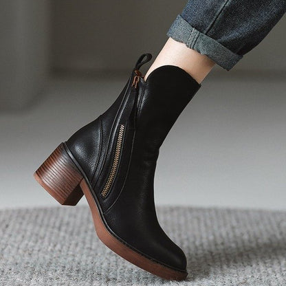 Retro Style Mid-Calf Side Zipper Martin Boots Autumn  New HOTan Style Chunky Heel Fashion Trendy Women's Boots