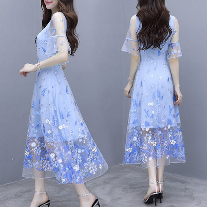 IKERRLAX Spring and Summer New Waist-Tight Slimming V-Neckline Floral Long Dress Fairy Blue Embroidered Mesh Dress Women