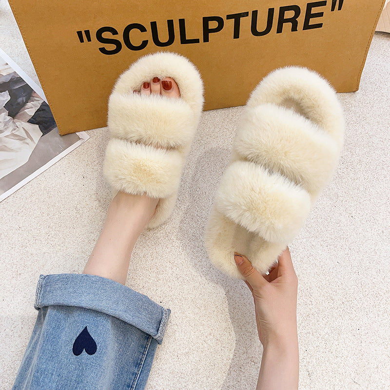 Autumn and Winter New Outdoor Women's Fluffy Shoes One-Strap Women's Plush Slippers Korean Casual Home Wool Sleeper