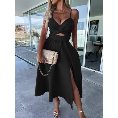 IKEARLAX  Foreign Trade 23 Summer New Fashion Socialite Deep V-neck Hollow-out Big Slit Hemline Camisole Gown Dress 23017