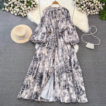 IKEARLAX  High-Grade Light Luxury Temperament Lantern Long Sleeve round Neck Waist Trimming Slimming Single-Breasted Printed Dress Elegant Long Dress