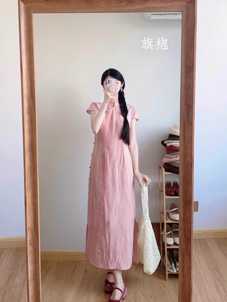 IKERRLAX New Summer Matching a Set of New Chinese Style High-Grade Classic Style Pink Cheongsam Suit Skirt for Women