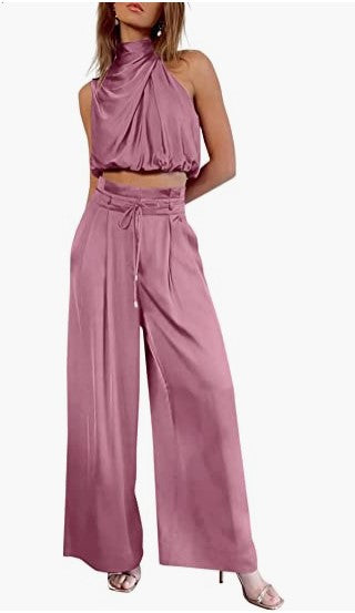 New Cross-Border E-Commerce Women's Casual Sleeveless Collar Two-Piece Suit Wide-Leg Pants for Summer Midriff-Baring Top