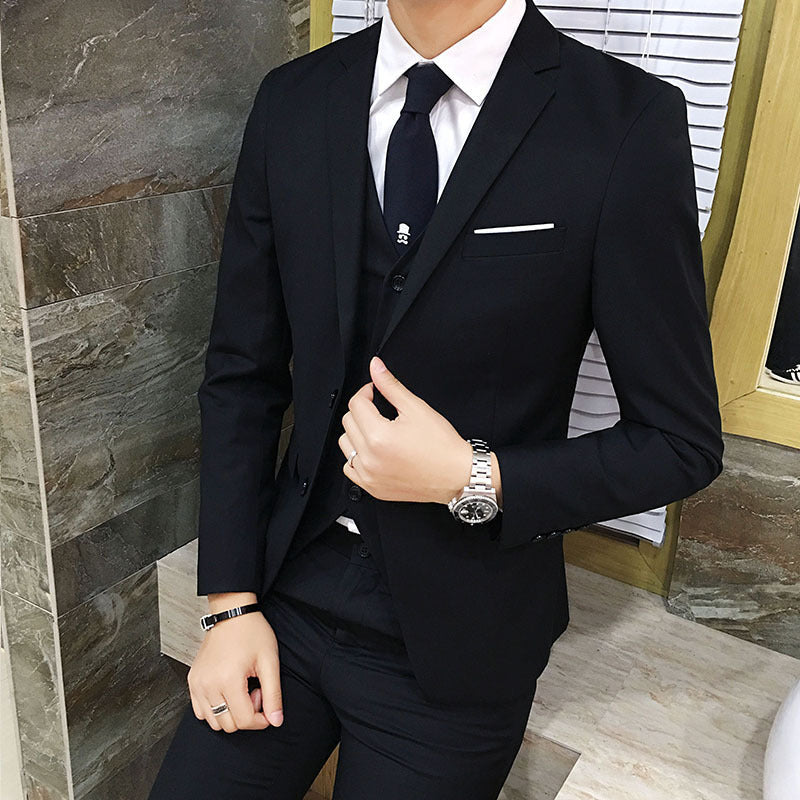 IKEARLAX  Suit Suit Men's Business Professional Spring Suit Three-Piece Korean Slim Fit Groom Wedding Suit British Four Seasons