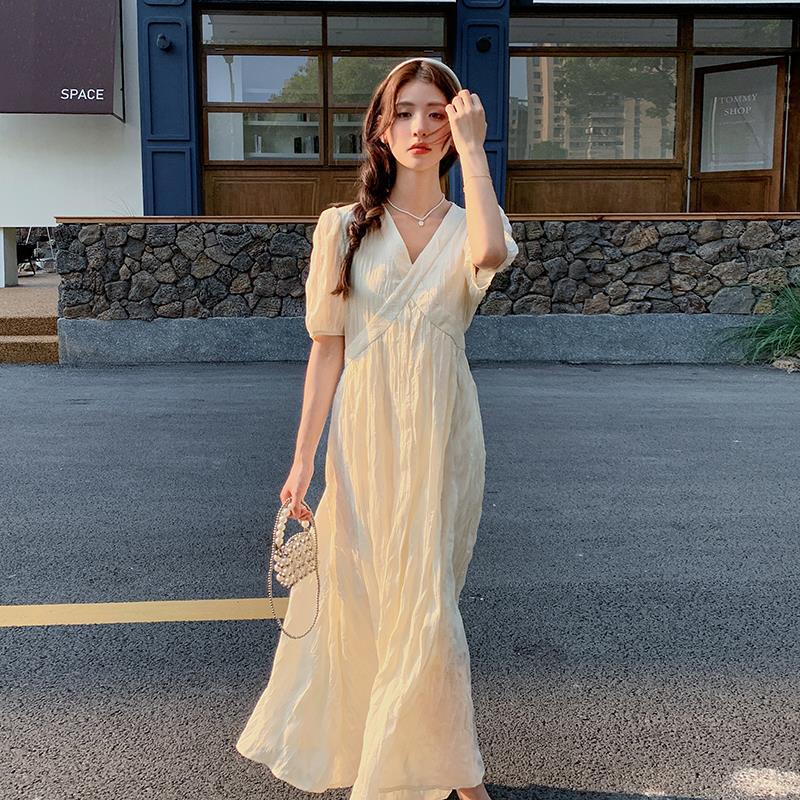 IKEARLAX  Factory V-neck Dress Women's Summer High Waist Slimming Fairy Lady Super Fairy This Year Popular High-Grade Beautiful below the Knee Long Dress