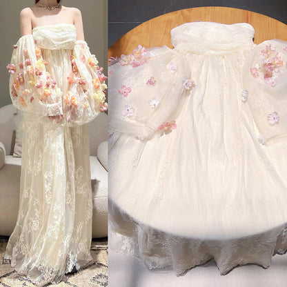 IKEARLAX  Direct Supply Nanyou in Stock  New Super Fairy Flowers Puff Sleeve Tube Top Dress High-End Mesh Lace Dress