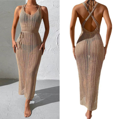 IKEARLAX European and American Style Cross-Border Foreign Trade Vacation Beach Knitted Smock Dress Hollow Backless Dress Women