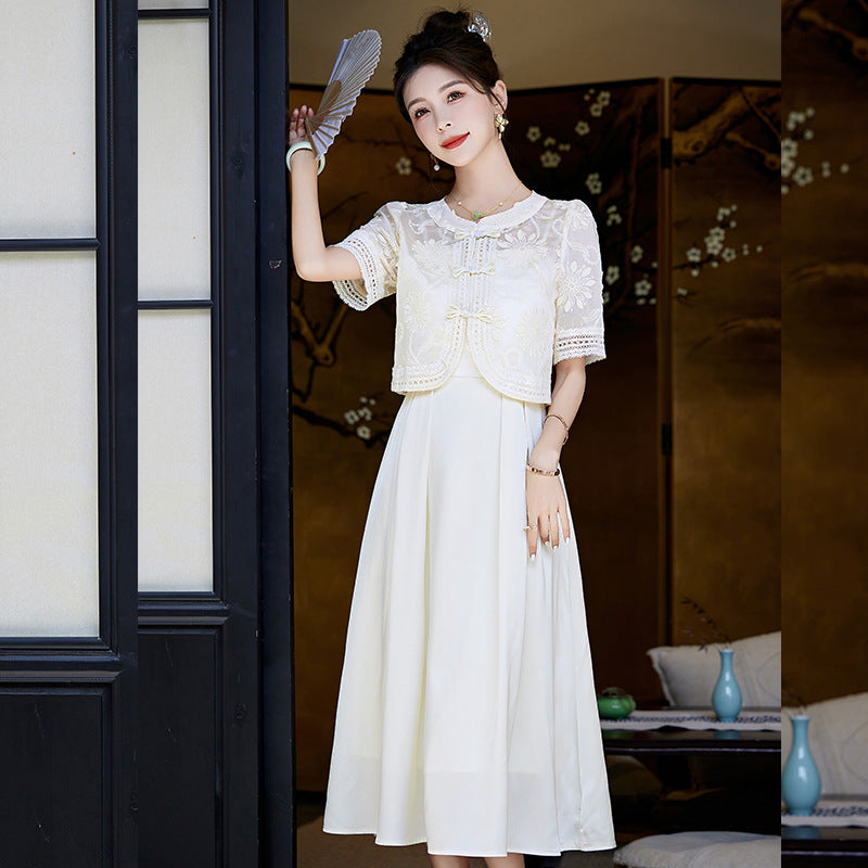 New Chinese Style Chinese Style Buckle Slip Dress Set Summer  New Elegant Improved Cheongsam Dress Two-Piece Set