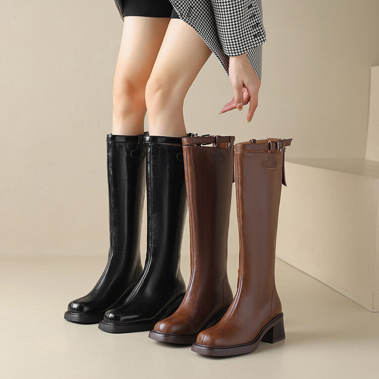 Autumn and Winter New  Style Retro Gentle High Leg Boot Chunky Heel plus Size Cowhide Knight Boots Back Zipper Women's round Toe Boots