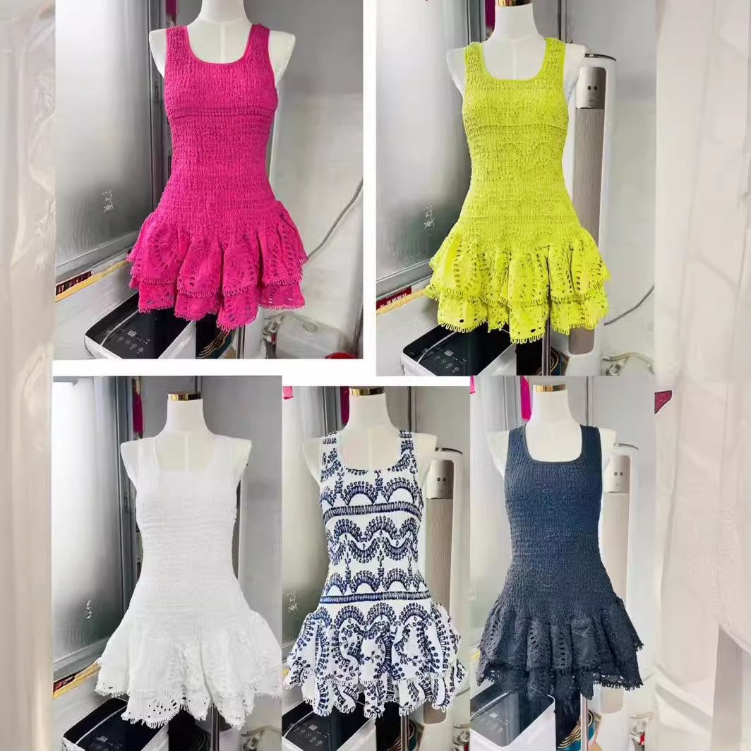 IKEARLAX European and American Sweet and Sexy Style  Spring New Elastic Waist Pleated Design Ruffled Short Sling Dress