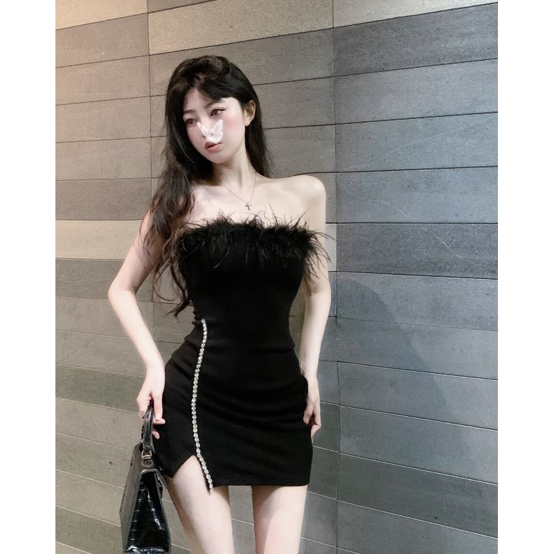 IKEARLAX  Style High-Grade Birthday Party Dress Little Mom Tube Top Dress Women's Tight Waist Sweet and Spicy Feather Hip Skirt