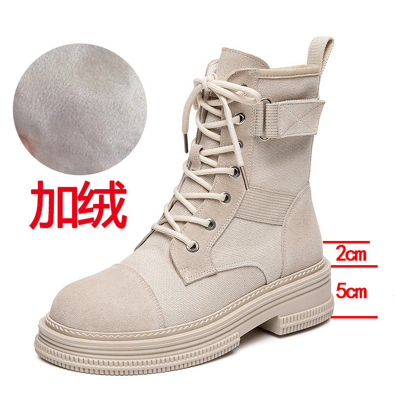 Leather Martin Boots Women's  Spring New Height Increasing Insole Canvas Women's Boots Thick Bottom Side Zipper Fleece-lined Short Desert Boots