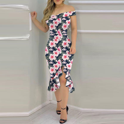 IKEARLAX European and American Foreign Trade  Summer Sexy off-Shoulder Non-Positioning Irregular Skinny Sheath Printing Dress in Stock