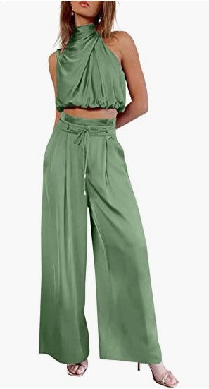 New Cross-Border E-Commerce Women's Casual Sleeveless Collar Two-Piece Suit Wide-Leg Pants for Summer Midriff-Baring Top