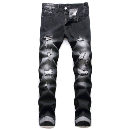 European and American  New Denim Men's Pants  Hot Trade Ripped Trendy Black Slim Fit Denim Straight-Leg Pants Men's Fashion