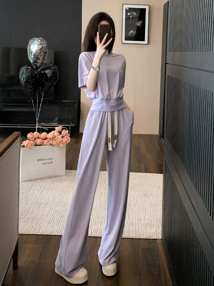 High-End Casual Sports Suit Women's Summer Wear Slimming and Fashionable Anti-Aging Elegant Solid Color Short-Sleeved Wide-Leg Pants Two-Piece Set