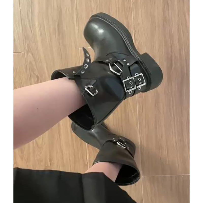 British Simple Black Platform Martin Boots Women's  New Summer Chunky Heel Knight Boots British Style Popular Short Boots