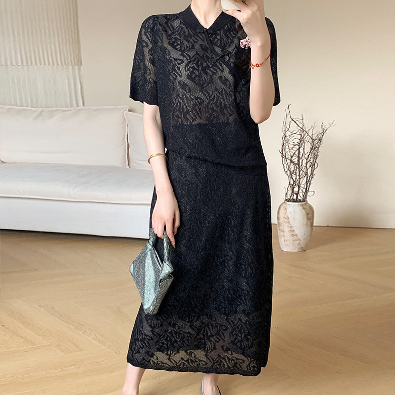 New Chinese Style Cool Silk Two-Piece Women's Clothing Summer High-Grade Zen Embroidery Short Sleeve Robe Suit Skirt