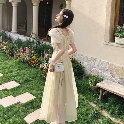 ikearlax Retro Tencel Dress Female  Summer New Elegant Slightly Mature Square Collar Puff Sleeve Slimming Long Dress