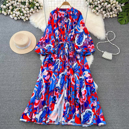 IKEARLAX  High-Grade Light Luxury Temperament Lantern Long Sleeve round Neck Waist Trimming Slimming Single-Breasted Printed Dress Elegant Long Dress