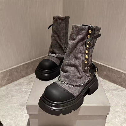 Design Pants Boots Women  Autumn and Winter Niche Korean Style Doll Head Muffin Cowboy Boot Fashion Short Boots Smoke Pipe Boots