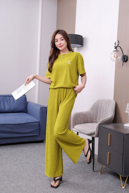 Southeast Asia Popular Chiffon Pleated Embroidery Suit Women's Summer Trousers Two-Piece Set Home Casual Fashion Set Suit