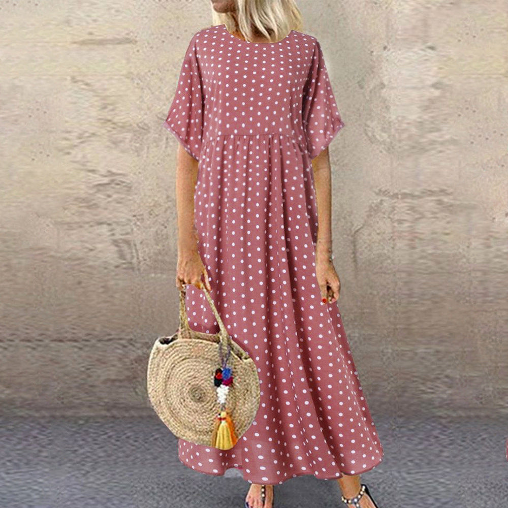 IKEARLAX Cross-Border Foreign Trade Polka Dot Dress Women  Summer New round Neck Short Sleeve and Long Pattern Dress Women One Piece Dropshipping