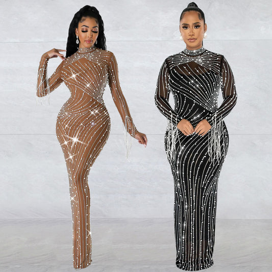 IKEARLAX  Z2215 Cross-Border Autumn and Winter New  European and American Women's Clothing Sexy Mesh Rhinestone Nightclub Party Long Dress