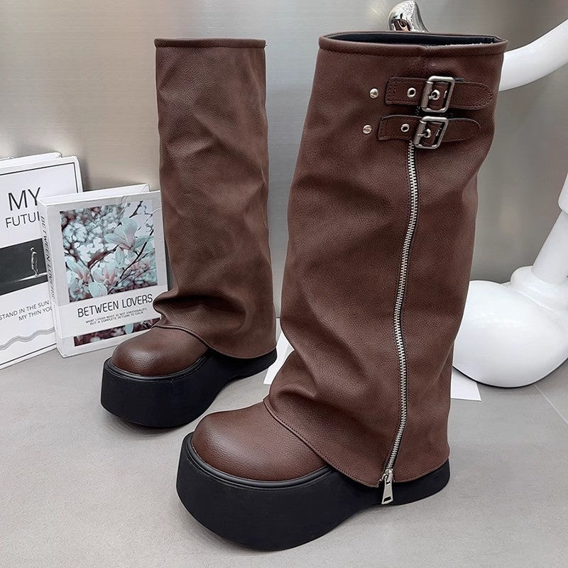 British Style Martin Boots for Women  New Autumn and Winter Fleece-lined Platform Ankle Boots Small Pants Boots Brown Pile Style Boots