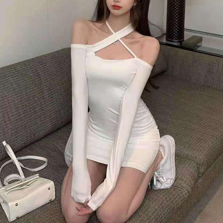 IKEARLAX Early Autumn Winter off-Shoulder Shoulder-Baring Halterneck Long-Sleeved Dress Waist-Tight Hip-Wrapped Inner Wear Bottoming Skirt Factory