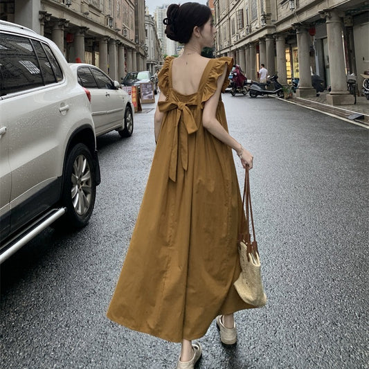 IKEARLAX  Bow Lace-up Backless Dress Seaside Skirt Women's  Style Temperament Square Collar Flying Sleeve Dress Vacation Style Long Skirt