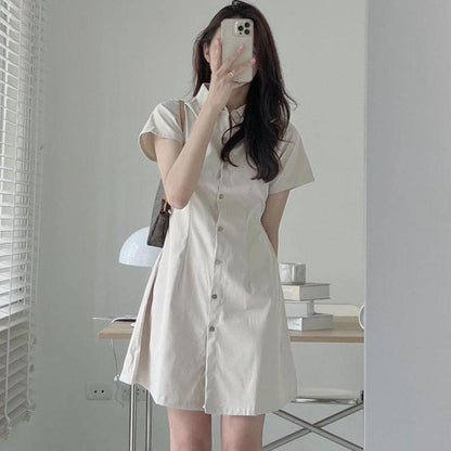 ikearlax South Korea Summer Simplicity Temperament Lapel Single Breasted Cinched Slimming Short Sleeves Shirt Style Small Size Dress