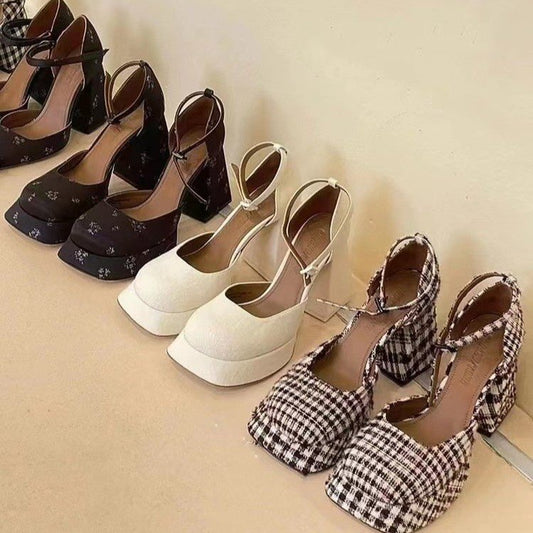 ikearlax Retro Waterproof Platform Hollow Mary Jane Shoes Female  New  Style Thick Bottom Chunky Heel Buckle High Heel Pumps