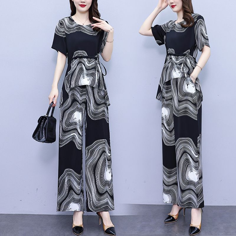 Fashion Middle-Aged Women's Wide-Legged Pants Suit Women's Summer Wear  New Western Style Anti-Aging Tummy Hiding Slimming Two-Piece Suit