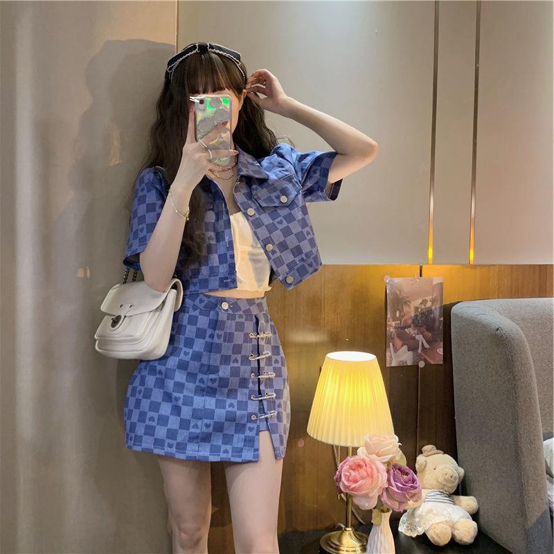 Chanel Suit Women's Summer Wear  New Design Sense Love Plaid Short Short Sleeve Jacket Two-Piece Set