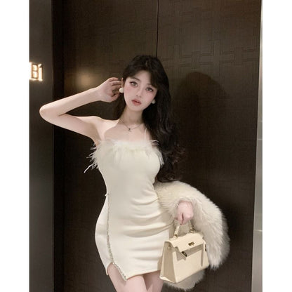 IKEARLAX  Style High-Grade Birthday Party Dress Little Mom Tube Top Dress Women's Tight Waist Sweet and Spicy Feather Hip Skirt