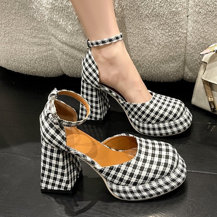 ikearlax Retro Waterproof Platform Hollow Mary Jane Shoes Female  New  Style Thick Bottom Chunky Heel Buckle High Heel Pumps