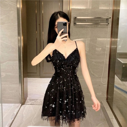 IKERRLAX New Korean Style Sexy Tassel Sequined Backless Dress Beach Dress Suspender Skirt Nightclub Skirt Tulle Skirt