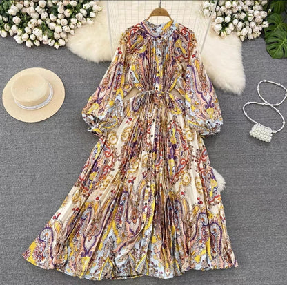 IKEARLAX  High-Grade Light Luxury Temperament Lantern Long Sleeve round Neck Waist Trimming Slimming Single-Breasted Printed Dress Elegant Long Dress