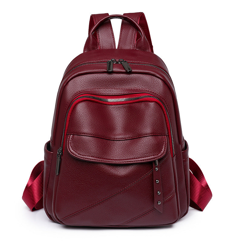 Cross-Border Soft Leather Women's Pu Backpack Pure Color All-Matching Waterproof Backpack High-Grade Soft Leather Women's Bag Wholesale