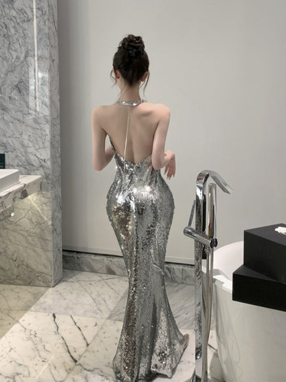 IKERRLAX Hepburn Style  Style High-End Sexy Silver Paillette Evening Dress Women's Spring Socialite Elegant Backless Halter Dress